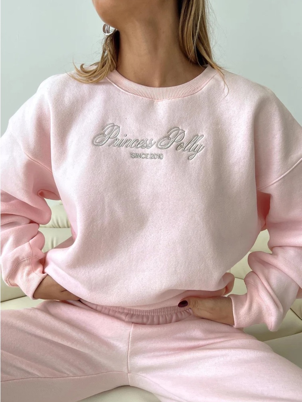 Princess Polly Pastel Pink Embroidered Sweatshirt and Sweatpants Set